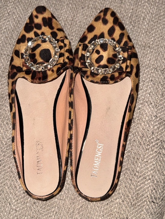 Shoes - Leopard Print Pointed Toe Flats with Jewel Buckle - Brown